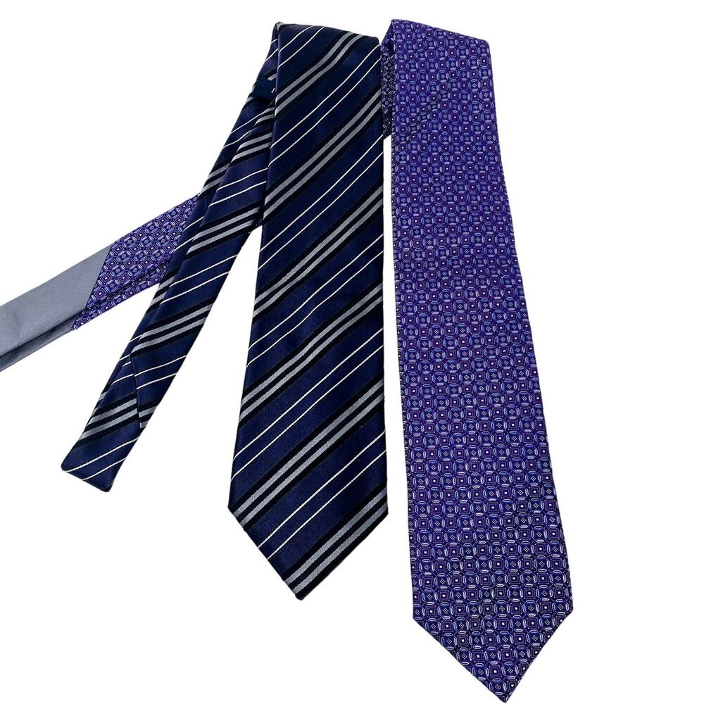 PAIR Canali Geo Stripe 100% Silk Tie Suit Formal Purple Black Silver